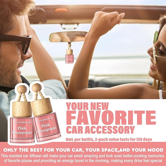 HoogaLife Car Air Freshener Diffuser 2 Pack Hanging Air Freshener Diffuser - Pink Sparkle Champagne Fragrance Oil Air Diffuse r for Car, 45+ Days Long Lasting Fragrance Made in USA (P38 SP) - Bloomnest