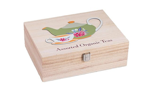 Mementa Inc Organic Wooden Tea Chest - 60 Tea Bags Individually Wrapped : Assorted Tea Variety Pack containing Black, Green, and Herbal caffeine-free teas : Tea Sampler Tea Set - Bloomnest