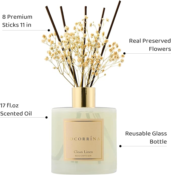 COCORRÍNA Reed Diffuser - Clean Linen 17 Fl.oz Reed Diffuser with 8 Sticks Scented Diffuser with Preserved Flowers for Bathroom Home Decor - Bloomnest