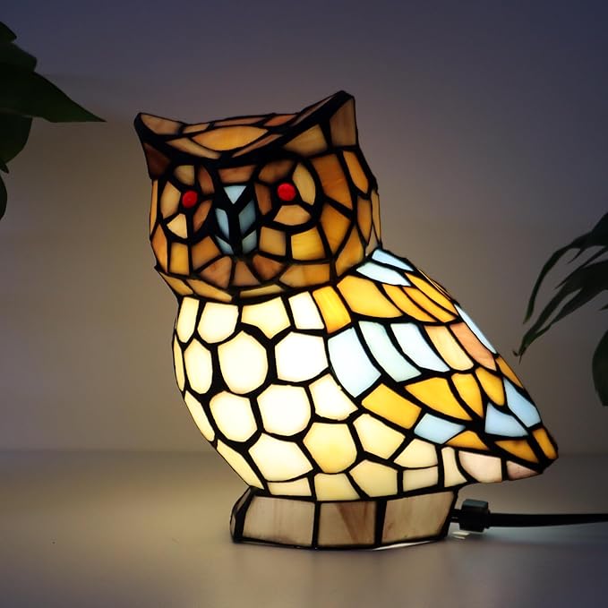 Tiffany Owl Lamp Yellow and White Stained Glass Animal Table Lamp Accent Lamp - Bloomnest