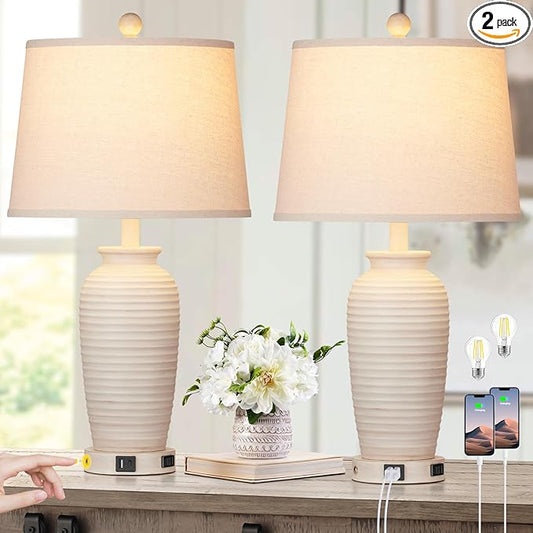 24.3" Farmhouse Jar Table Lamps Set of 2, 3 Way Touch Control Rustic Bedside Lamps with USB A+C Ports & AC Outlet, Pot Nightstand Lamps for Bedroom Living Room (LED Bulbs Included) - Bloomnest