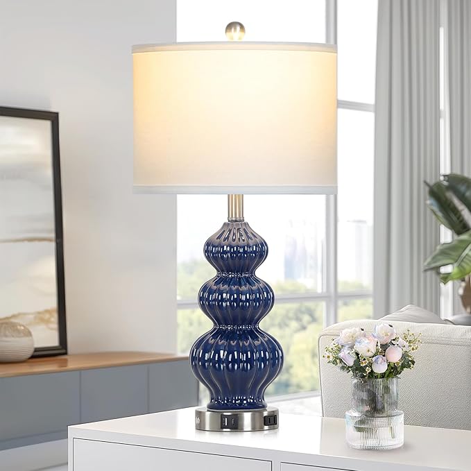 26" Blue Table Lamp Set of 2 with USB A+C Ports & AC Outlet, Ceramic Table Lamps Classic Beside Lamps Nightstand Lamp Modern Table Lamp for Living Room,LED Bulbs Included - Bloomnest