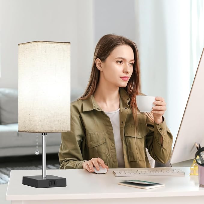 Table Lamp for Bedroom set of 2,3-Color Bedside Lamps with Pull Chain Table Lamps for Nightstand with AC Outlets,18'' Night Light Lamps with 2 Bulb Lamps for Living Room Kids Office Decor（Black+Cream） - Bloomnest