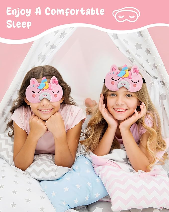 Sleep Mask for Kids - Cute Cartoon Plush Fuffy Sleeping Eye Cover Bow Unicorn Kawaii Soft Eyeshade with Adjustable Strap Animal Eye Blindfold for Kids Girls Boys Teens - Bloomnest