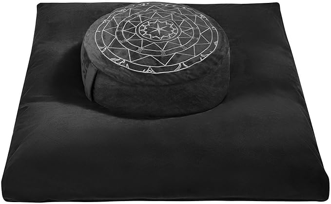 Zafu & Zabuton Meditation Cushion Set - Buckwheat Hull & Memory Foam Pillows, Ergonomic Support for Yoga, Mindfulness - Organic Velvet Cover, Large Size, Durable Comfort (Black) - Bloomnest