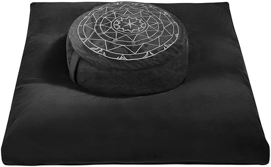 Zafu & Zabuton Meditation Cushion Set - Buckwheat Hull & Memory Foam Pillows, Ergonomic Support for Yoga, Mindfulness - Organic Velvet Cover, Large Size, Durable Comfort (Black) - Bloomnest