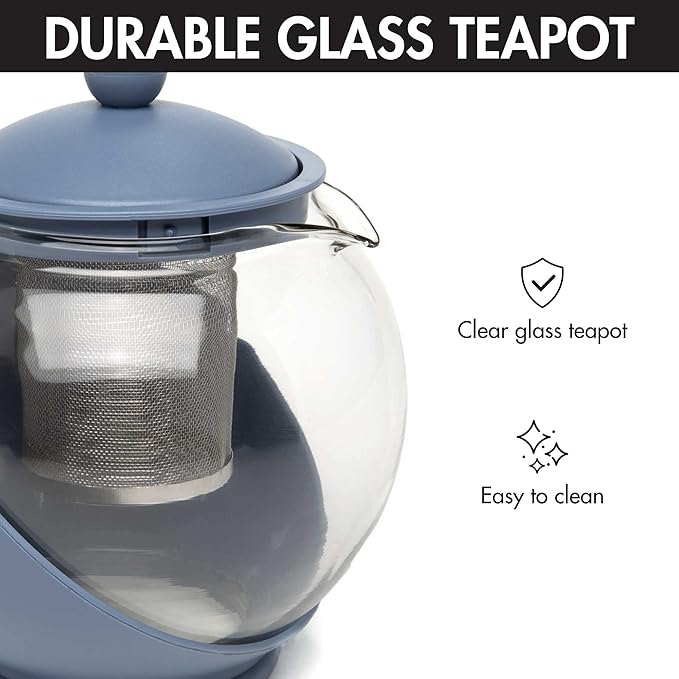 Primula Half Moon Teapot with Removable Infuser, Glass Tea Maker with Reusable Fine Mesh Stainless Steel Filter, Dishwasher Safe, 40-Ounce, Blue