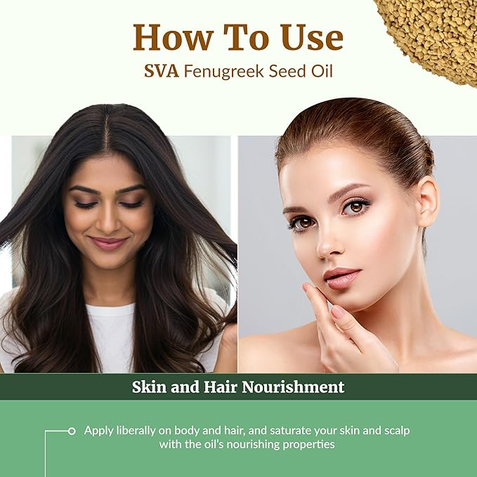 SVA Fenugreek Seed Oil - 1 Fl Oz – 100% Natural Cold Pressed Fenugreek Oil - for Face, Skin Care, Hair Care, Scalp Massage & Body Massage – Carrier Oil with Dropper - Bloomnest