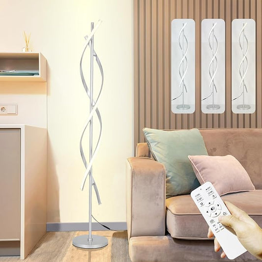 Tall Modern Floor Light Lamp for Living Room,Dimmable Spiral Corner Bedside Lamp with Rmoete for Bedroom,LED 3 Color Floor Lamp with Foot Switch for Dining Room(Silver) - Bloomnest