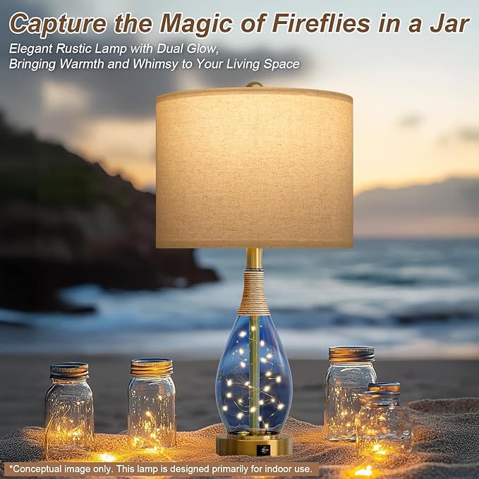 OYEARS 23" Table Lamps for Living Room Set of 2 Bedside Lamps for Night Stands Bedroom Lamps Farmhouse Rattan Boho Lamp Glass Nightlight End Table Lamp with USB C+A (Blue),Two Light Points - Bloomnest
