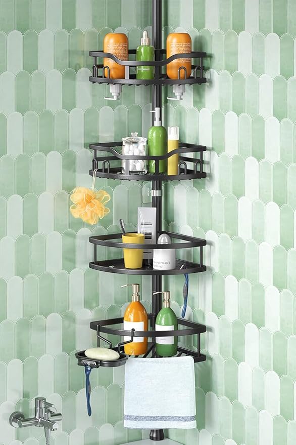 HAMITOR Corner Shower Caddy Tension Pole: Rustproof Stable 4-Tier Bathroom Organizer Shelves for Bathtub Shampoo Storage - 47-121 Inch Quick Install Adjustable Standing Rack with Soap Rack - Black - Bloomnest