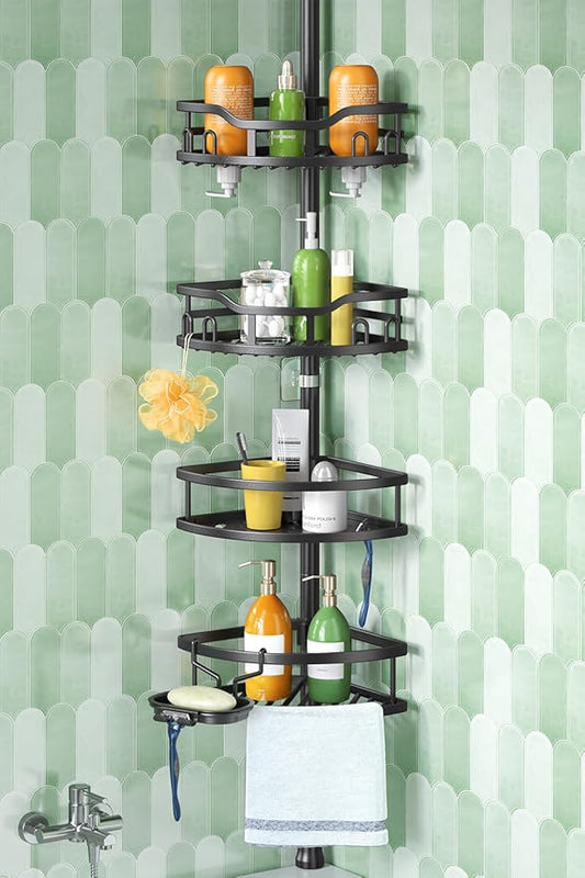 HAMITOR Corner Shower Caddy Tension Pole: Rustproof Stable 4-Tier Bathroom Organizer Shelves for Bathtub Shampoo Storage - 47-121 Inch Quick Install Adjustable Standing Rack with Soap Rack - Black - Bloomnest