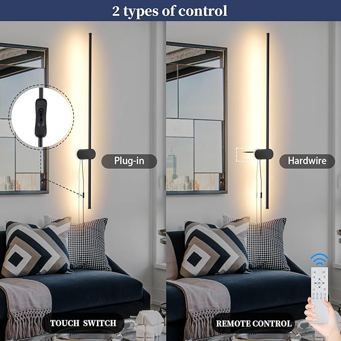 Dimmable Plug in Wall Sconce Set of 2,Black 39.37" LED Wall Light with Remote,Adjustable Color Temperature Brightness,Wall lamp with Timer for Living Room,Bedroom and Accent Lighting - Bloomnest