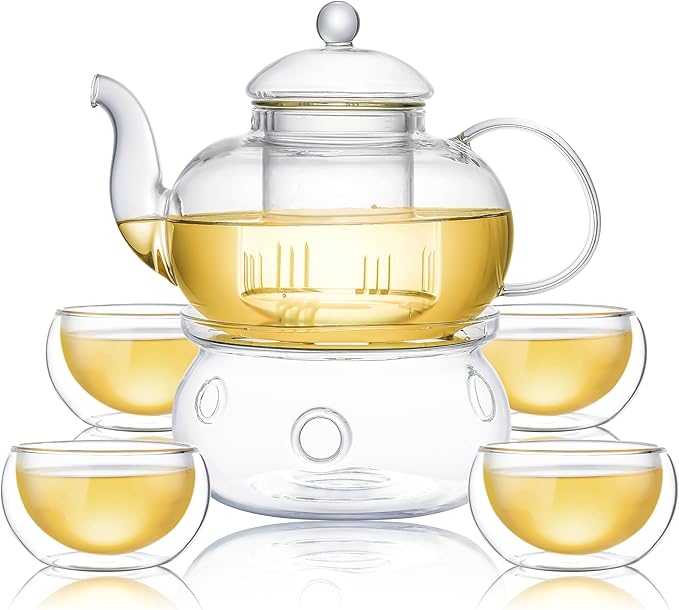 CnGlass 33.8oz Glass Teapot with Removable Infuser,Stovetop Safe Tea Kettle with 4-Pack Glass Teacups 3.4oz and Tea Warmer 5.3 in/13.5cm Diameter - Bloomnest