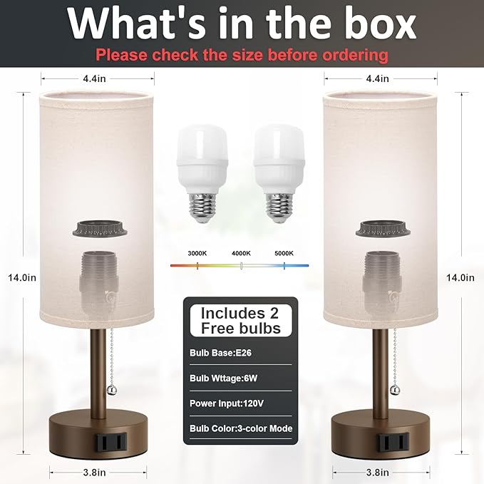 Fenmzee Brown Bedside Table Lamps Set of 2-3 Color Temperatures Pull Chain Lamp with AC Outlet Charging Port, Small Round Night Stand Lamps for Bedroom, Bed Side Light with E26 LED Bulbs - Bloomnest
