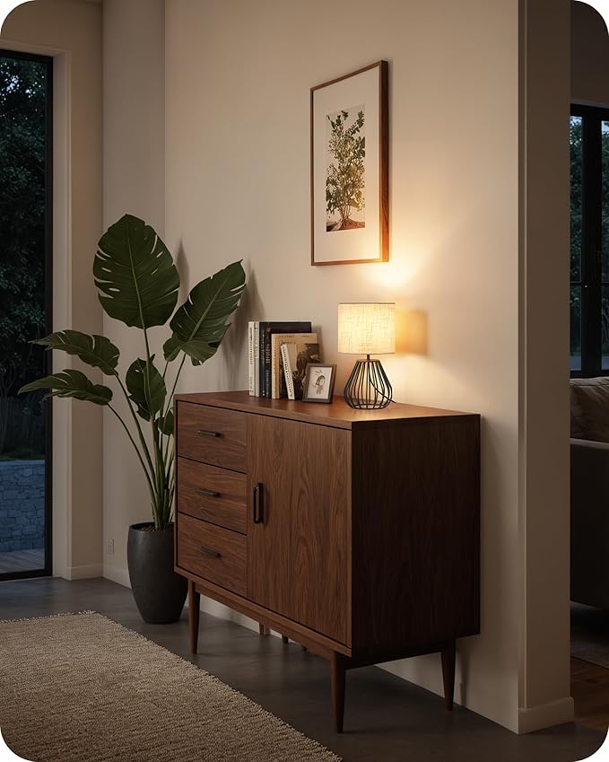 Small Bedside Table Lamp, Black Table Lamp with Metal Cage & Linen Lampshade, Modern Cute Desk Lamp, Cozy Nightstand Lamp for Bedroom, Living Room, Office, 2700K LED Bulb Included, E06TL05 - Bloomnest