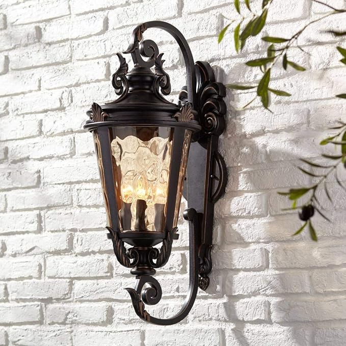 John Timberland Casa Marseille Rustic Industrial Outdoor Wall Light Fixture Warm Bronze Scroll 27 1/2" Hammered Glass for Exterior House Porch Patio Outside Deck Garage Yard Front Door Garden Home - Bloomnest