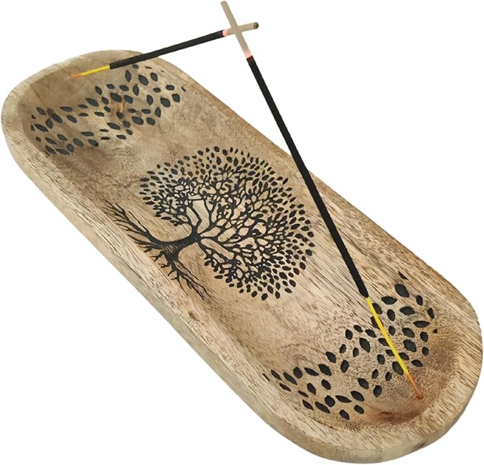 VANIYA CRAFTS® Wooden Handmade Tree of Life Design Boat Shape Incense Holder Stand Insence Tray for Home Decor Restaurant (11X4, Natural Black) - Bloomnest