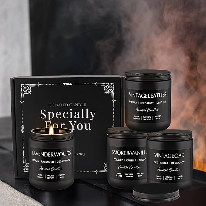 Scented Candles Gift Set - 4 Pack (7oz Each) Soy Wax Aromatherapy Candles with Essential Oils, Smokeless - Leather & Smoke, Vanilla Oakmoss, Lavender for Office, Gifts - Bloomnest