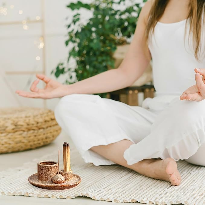 4 in 1 Ceramic Incense Holder, Palo Santo Stick Holder, Sage Holder for Burning, 5.2" Ash Catcher Tray for Meditation, Yoga & Home Decor (Brown)