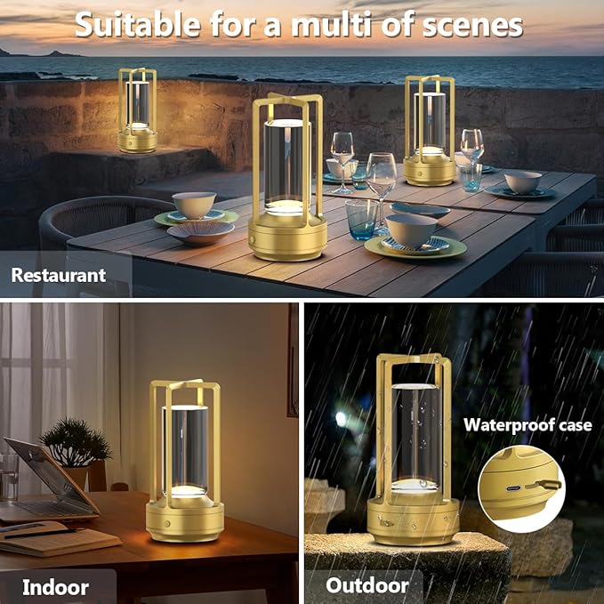 Small Cordless Table Lamps Rechargeable Set of 2 for Indoor/Outdoor, Portable Battery Operated Powered Lamps, Dimmable 3 Color Modes Waterproof, LED Desk Lights for Bedroom/Restaurant/Camping-Gold - Bloomnest