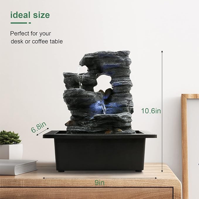 Indoor Fountain - Elegant Resin Design with Natural Rock-Like Texture for Home Office Decor Relaxation, Desktop Fountain with Soothing LED Light, 9.06''x6.89''x10.24'' Indoor Waterfall Feature
