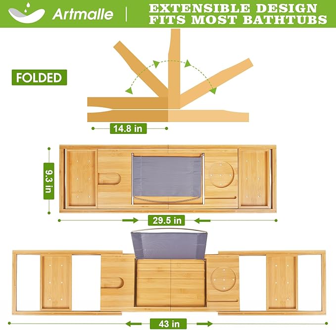 Artmalle Bathtub Caddy Tray for Tub,Foldable Bamboo Bath Table Tray with Book and Wine Glass Holder, Free Soap Dish Suitable for Luxury Spa or Reading,Natural - Bloomnest