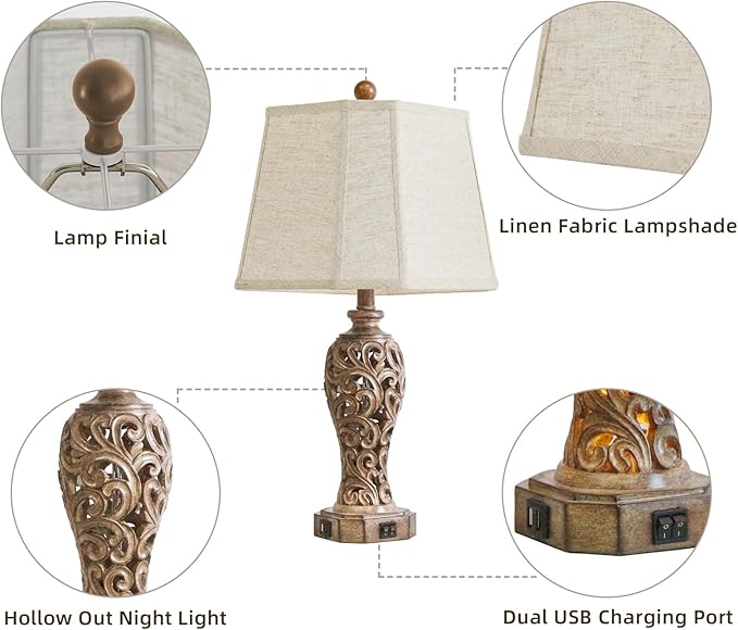 Set of 2 Rustic Table Lamps for Living Room Bedroom, 2 USB Ports 25'' Vintage Farmhouse Desk Lamp with Nightlight, Brown Hollow Out Resin Lamp for End Table (Bulbs Included) - Bloomnest