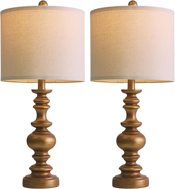 BOBOMOMO 24" Traditional Lamps Set of 2 – Antique Gold Bedside Lamps with Linen Shades, Elegant Medium Farmhouse Lamps for Living Room, Bedroom, and Hallway, Ideal for Warm, Cozy Spaces - Bloomnest