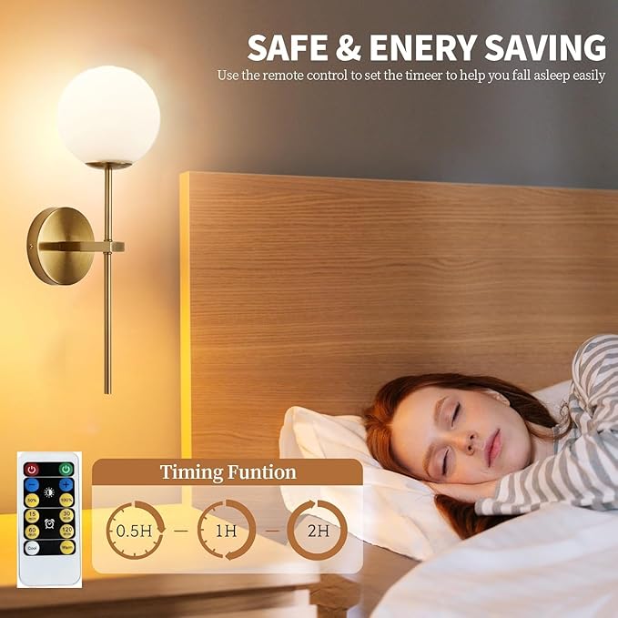KEFA Gold Battery Operated Wall Sconces Set of 2, Modern Remote Wall Lamp Globe Glass Shade,Not Hardwired Rechargeable Wall Lights Fixture with Timer and Dimmable for Bedroom Living Room Bathroom - Bloomnest