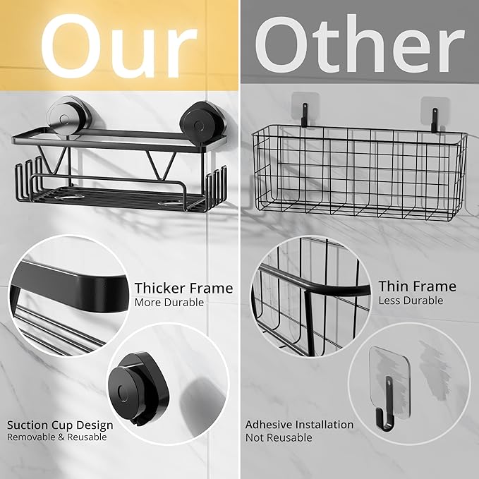 KEGII Shower Caddy Suction Cup with Hooks, Large Capacity Shower Suction Shelf, Heavy Duty Bathroom Organizer, No Drilling Stainless Steel Shampoo Holder for Bathroom Storage, Black - Bloomnest