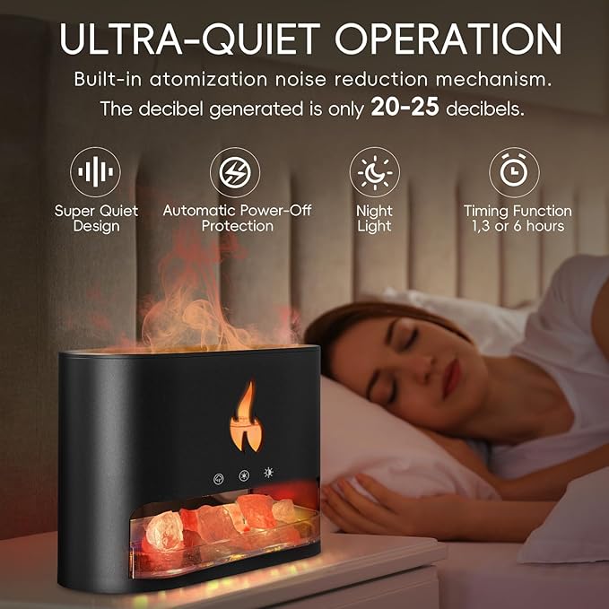 Essential Oil Diffuser, Fireplace Flame Fire Oil Diffuser, 250ml Himalayan Salt Lamp Diffuser, Cool Mist Aromatherapy Humidifier with 7 Colors Light, Timer & Auto-Off for Home, Room (Black) - Bloomnest