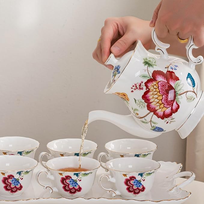 Jomop European Style Ceramic Flower Teapot Coffee Pot Water Pot Porcelain Gift Large 5.5 Cups (1, Blue and Red) - Bloomnest