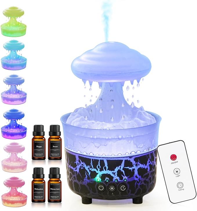 BOHOFAM Aroma Essential Oil Diffuser,Rain Cloud humidifier Simultaneously Water Drip and Air Mist,Rain Diffuser with 4 Hotel Collection Essential Oils for Home,Bedroom,Colorful Light(Black) - Bloomnest