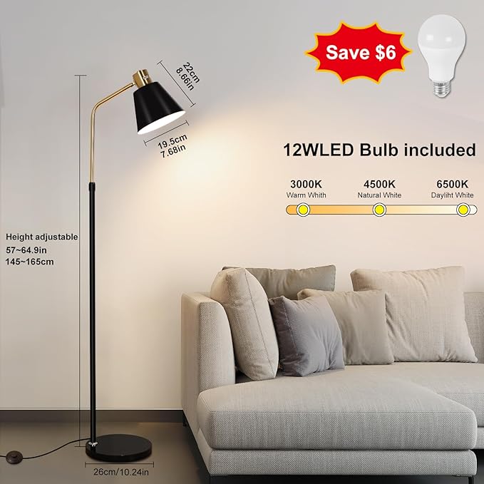 Dimmable Black Vintage Floor Lamps for Living Room Sofa Corner Bedroom Bedside Office,Unique Adjustable Standing Tall Reading Lights with Bright 12W LED Bulb, Modern Industrial Minimalist Home Decor - Bloomnest