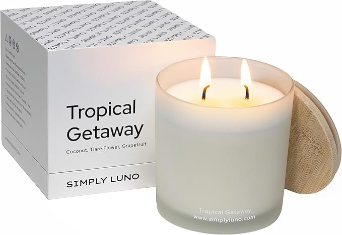 Tropical Getaway - Coconut & Grapefruit Scented Candle – 14oz Soy Wax – Fresh Candle for Home – 50+ Hour Burn – Eco Friendly Gift Box in Reusable Glass Jar with Bamboo Lid - Bloomnest