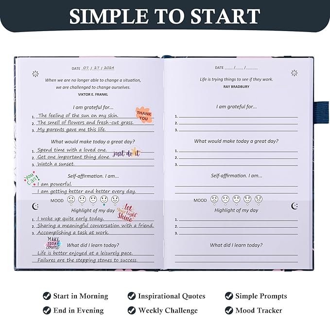 Gratitude Journal with 4 Inspirational Stickers: Undated Daily Gratitude Journal for Women and Men - More Happiness, Affirmation, and Mindfulness in A Few Minutes with Prompts & Quotes (Peony) - Bloomnest