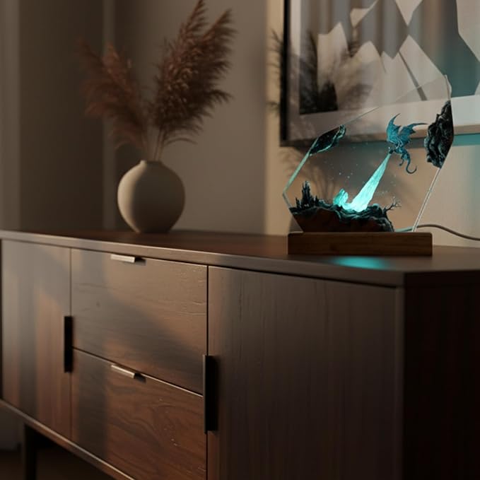 Handmade 3D Ocean Resin Lamp, Epoxy Ocean Night Light with Wooden Base, LED Color Changing Table Lamp, USB Powered Dragons Decor, Unique Ocean Gift for Bedroom & Home Office (Ice Dragon) - Bloomnest