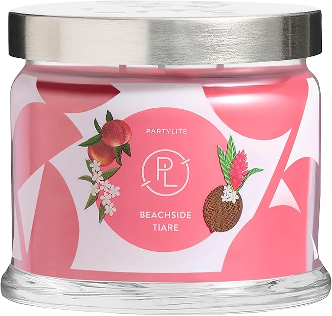 PartyLite Beachside Tiare Scented, Notes of Gardenia, Coconut, Red Hibiscus, Peach & Ylang Ylang, 13.2oz 3-Wick Jar Candle, 45 Hour Burn Time, Luxurious Fragrance, Ideal for Gifting - Bloomnest