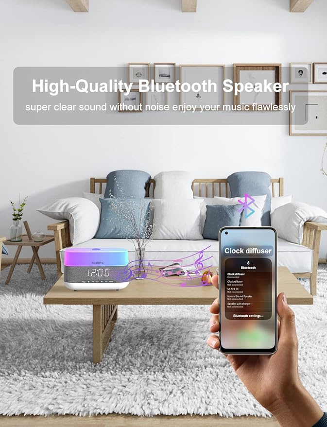 Versatile Essential Oil Diffuser, 300ml Aroma Diffuser with Bluetooth Speaker and Alarm Clock, 7 Colors LED Light Aromatherapy Diffusers & Cool Mist Humidifier 3-Level Brightness, Auto-Off Protection - Bloomnest