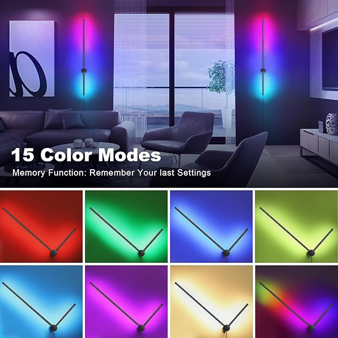 RGB LED Wall Sconces Set of Two with Remote, 15 Color Modes, Dimming, DIY 180° Rotate, Black Plug in Wall Sconces with Warm Light, Dynamic Multicolor Ambience Lights, Plug in Wall Light, 39.4 Inches - Bloomnest