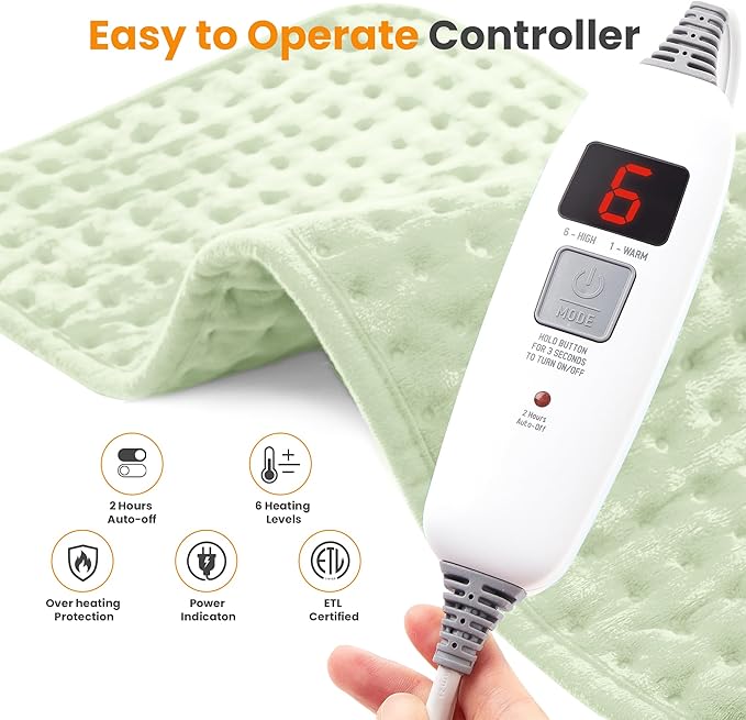 Electric Heating Pad for Back Pain Relief & Cramps - 6 Heat Settings,Auto Shut Off,Moist Heat Options,Portable Heated Pads for Neck/Shoulder Machine Washable for Men Women,Sage Green,20"x24" - Bloomnest