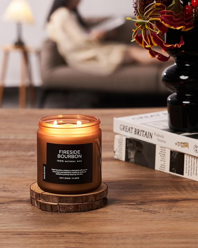M&SENSE Fireside Bourbon Jar Candle, 11.6oz Clean Soy Wax Up to 70 Hours Burn Time Smoky Scent 2 Wick Cotton Fall Campfire Scented Candle for Home Decor Housewarming Gifts for Bathroom Office - Bloomnest