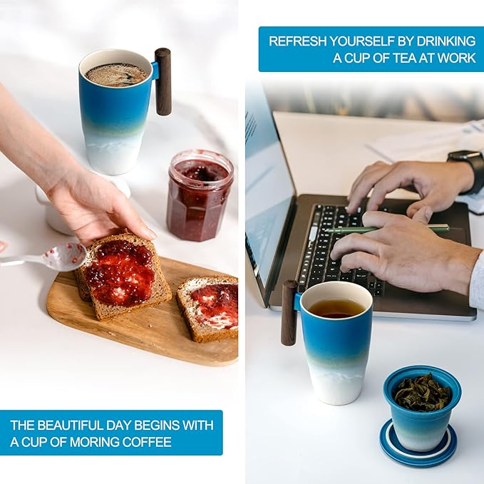 suyika Tomotime Ceramic Tea Cup with Infuser and Lid Tea Mugs Wooden Handle 400ml/13.5oz (Cyan blue)