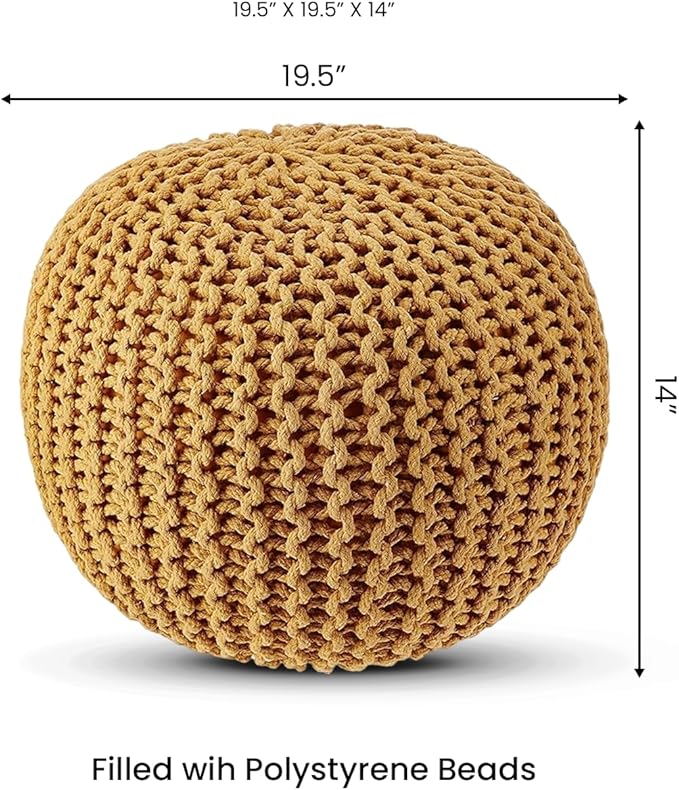 REDEARTH · Round Pouf Ottoman - Hand Knitted Cable Boho Poof Home Décor Pouffe Circular Footrest for Living Room - Bedroom - Lounge - Nursery - 100% Cotton Poufs (19.5"x19.5"x14") - Mustard - Bloomnest