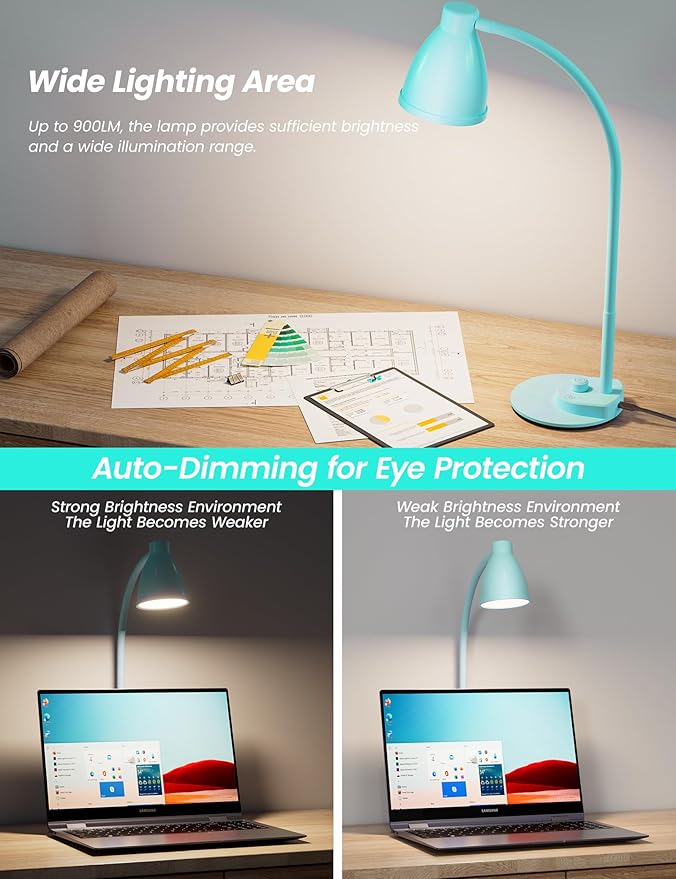 BOHON LED Desk Lamp with USB Charging Port, 3 Color Modes Fully Dimmable Reading Lamp, Auto Dimming Task Lamp, Flexible Gooseneck Table Light for Office Dorm Bedside, Adapter Include, Teal - Bloomnest