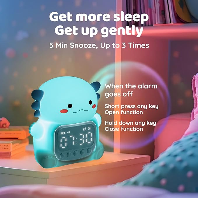 Axolotl Alarm Clock with Night Light for Kids, Rechargeable Silicone Lamp Time to Wake Clock Cute Animal Tabletop Lamp, Perfect Sleep Companion for Boys Girls, Blue - Bloomnest