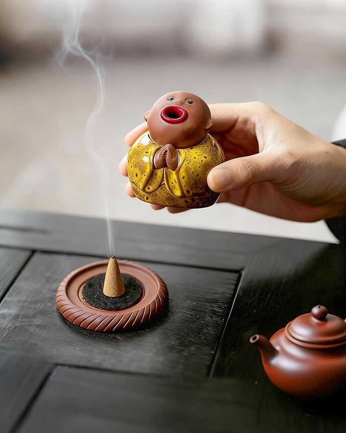 Ceramic Little Monk Incense Burner for Cones & Sticks, Cute Buddha Incense Holder with Mouth Smoke Effect, Zen Home Decor Meditation Gifts - Bloomnest