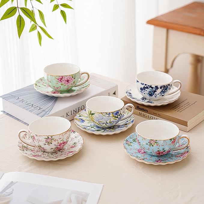 Tea Cup and Saucers, 6.4oz Floral Tea Cups with Gold Trim, Coffee Cappuccino Espresso Latte Mugs for Party Birthday,Christmas Gift (Iris - Blue) - Bloomnest