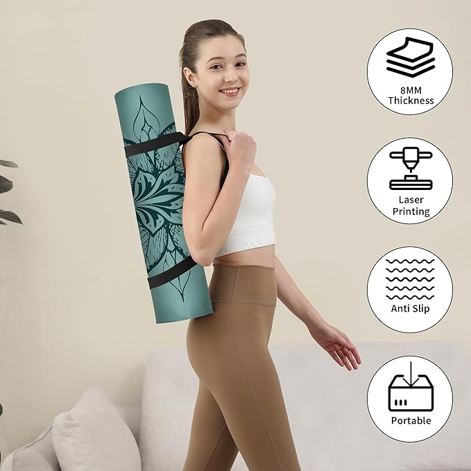 HAHE Yoga Mat Thick (8MM,1/3"), Eco-Friendly POE Non Slip Yoga Mat, High Rebound & Shock Absorption, Anti-Tear & Sweat-Resistant for Yoga, Fitness, Home, Workouts, Large Pilates Mats 72"x24" with Carrying Strap - Bloomnest